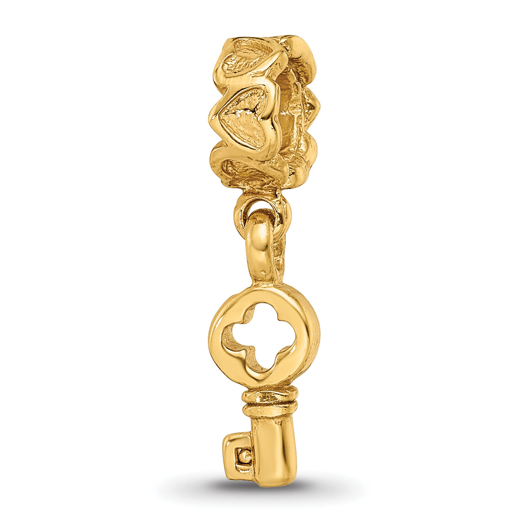 Sterling Silver 14K Gold-Plated Key Dangle Bead with Hearts  Polished Finish