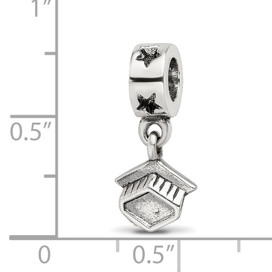 Sterling Silver 925 Dangle Bead with Antiqued Graduation Cap Design