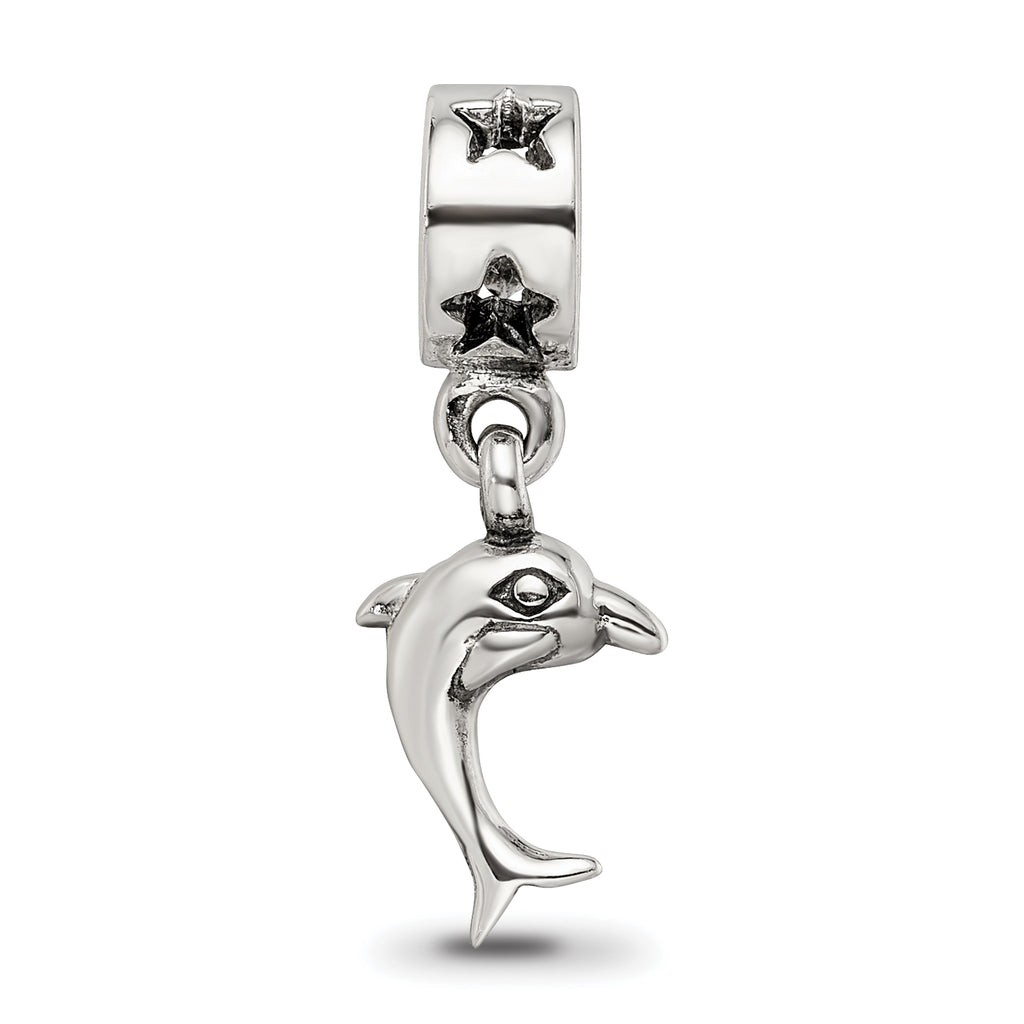 Sterling Silver 925 Dolphin Dangle Bead with Antiqued Finish