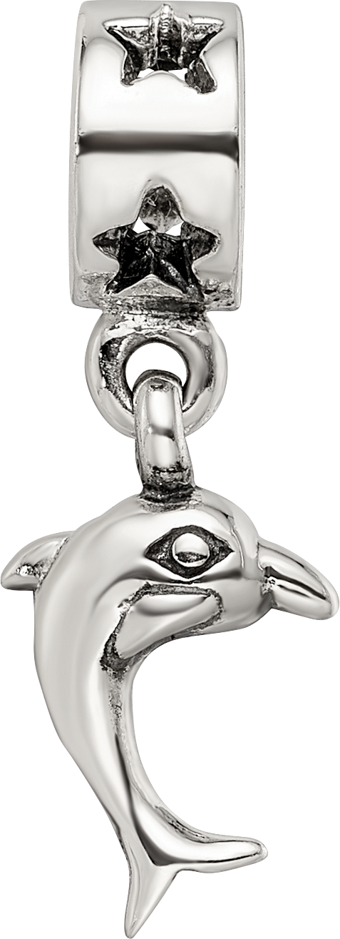 Sterling Silver 925 Dolphin Dangle Bead with Antiqued Finish
