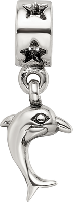 Sterling Silver 925 Dolphin Dangle Bead with Antiqued Finish