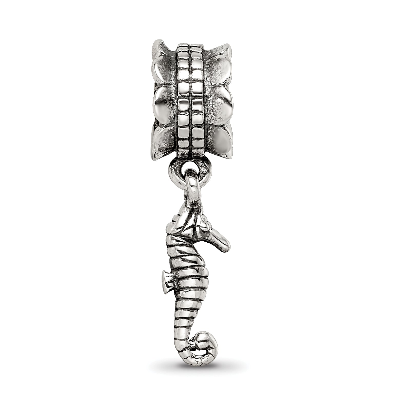 Sterling Silver 925 Seahorse Dangle Bead with Antiqued Finish, Solid Charm Design