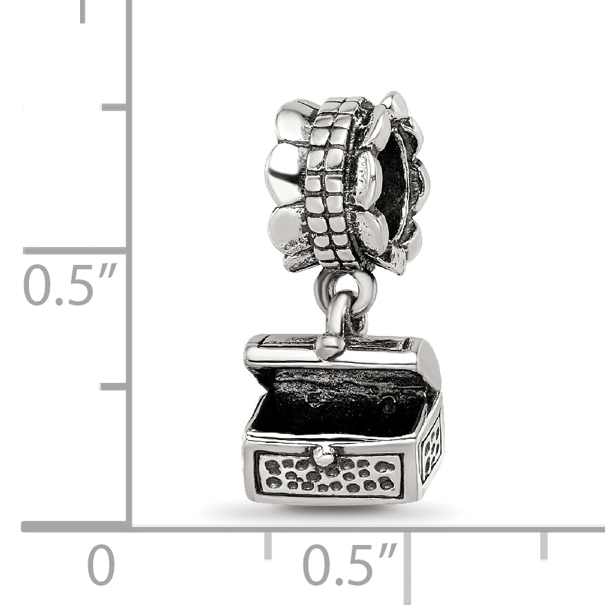 Sterling Silver 925 Antiqued Treasure Chest Dangle Bead  Solid, Vintage Charm