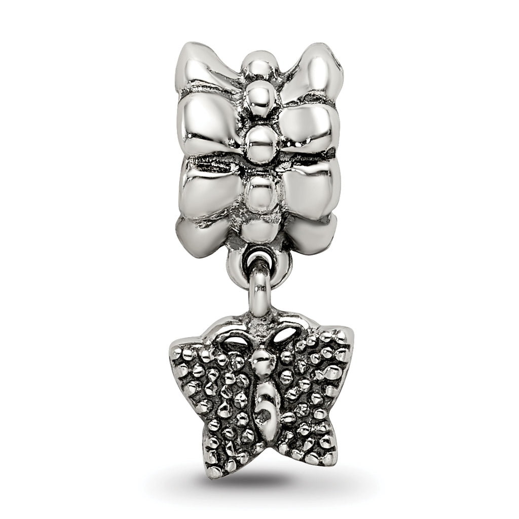 Sterling Silver 925 Butterfly Dangle Bead with Antiqued Finish, Casted, Solid Design
