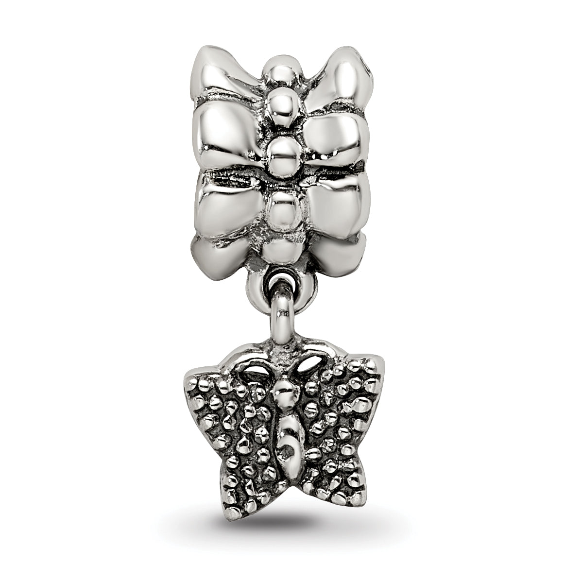Sterling Silver 925 Butterfly Dangle Bead with Antiqued Finish, Casted, Solid Design