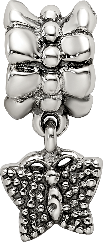 Sterling Silver 925 Butterfly Dangle Bead with Antiqued Finish, Casted, Solid Design