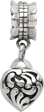 Sterling Silver 925 Heart Ash Dangle Bead with Antiqued Finish Elegant Memorial Charm