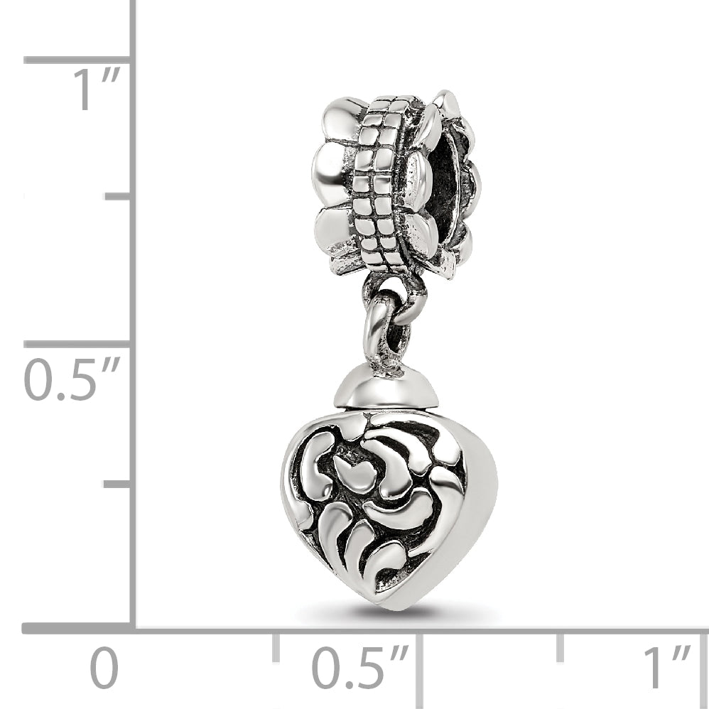 Sterling Silver 925 Heart Ash Dangle Bead with Antiqued Finish Elegant Memorial Charm