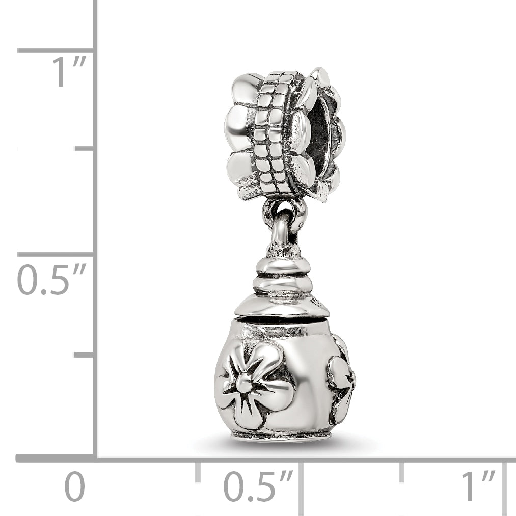 Sterling Silver 925 Floral Ash Dangle Bead with Antiqued Finish