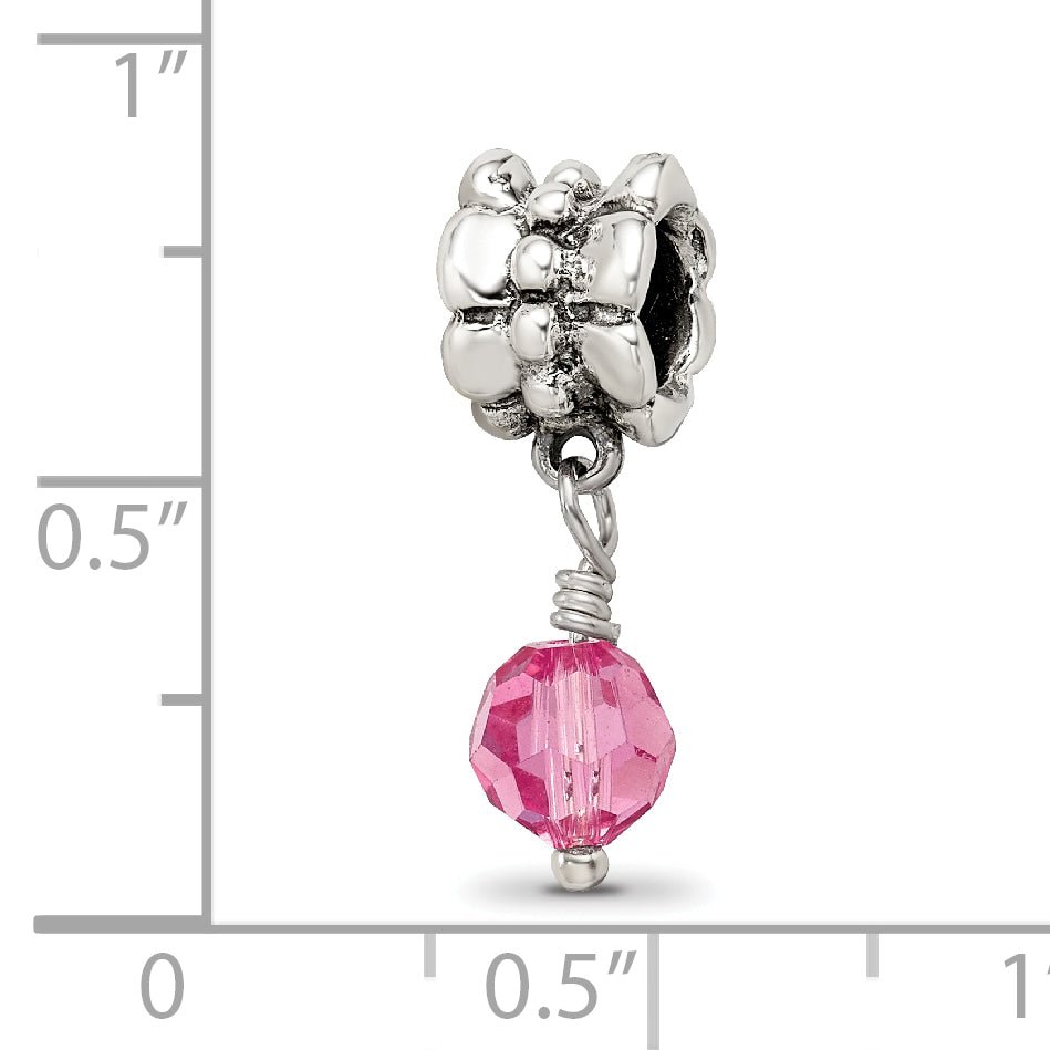 Sterling Silver 925 Antiqued Dangle Bead with Pink Preciosa Crystal Charm
