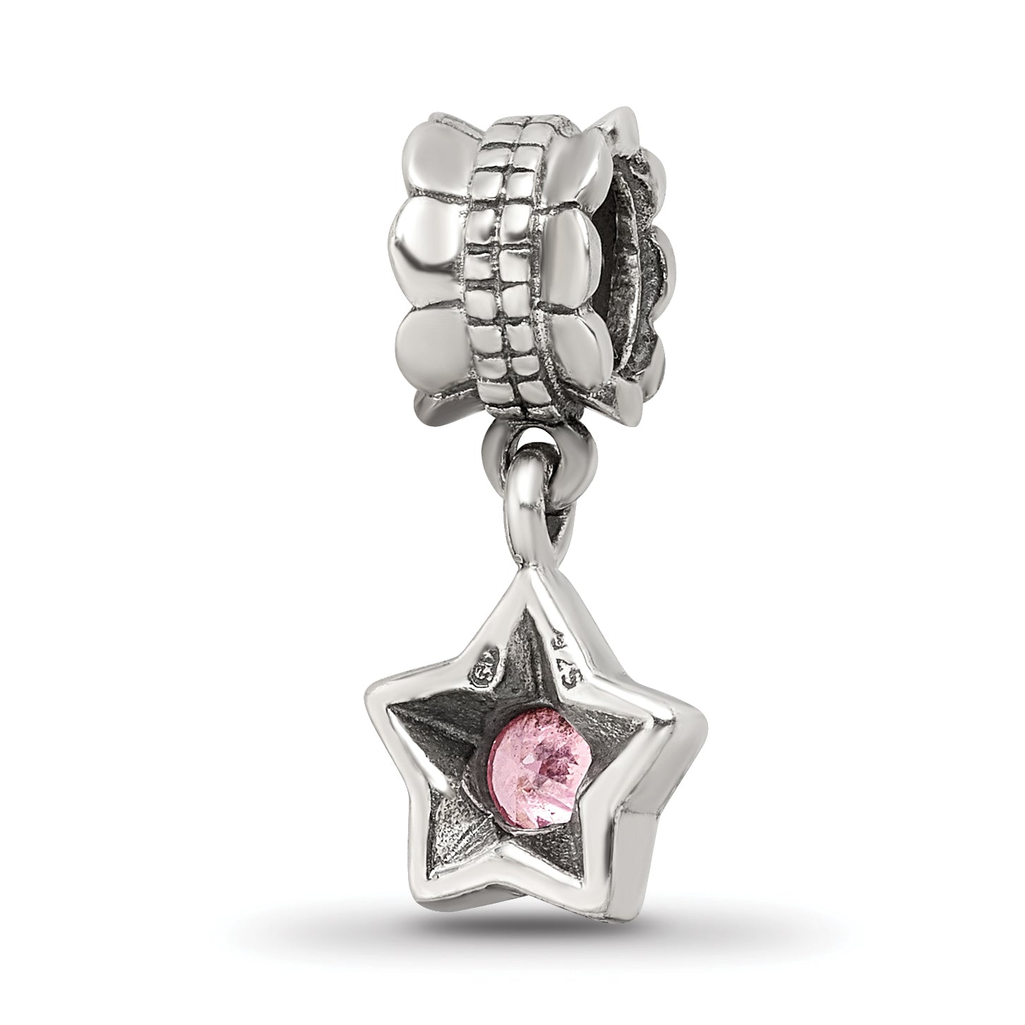 Sterling Silver 925 Pink CZ Star Dangle Bead with Antiqued Finish