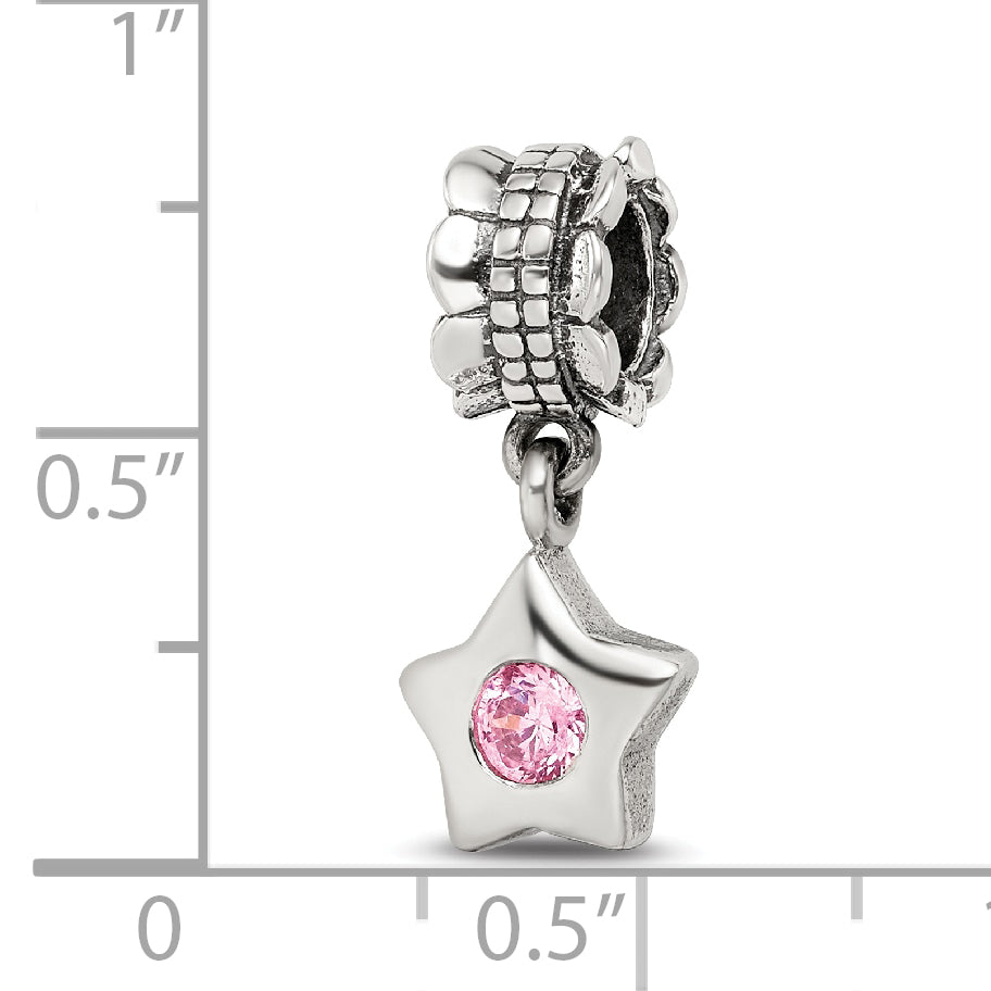 Sterling Silver 925 Pink CZ Star Dangle Bead with Antiqued Finish