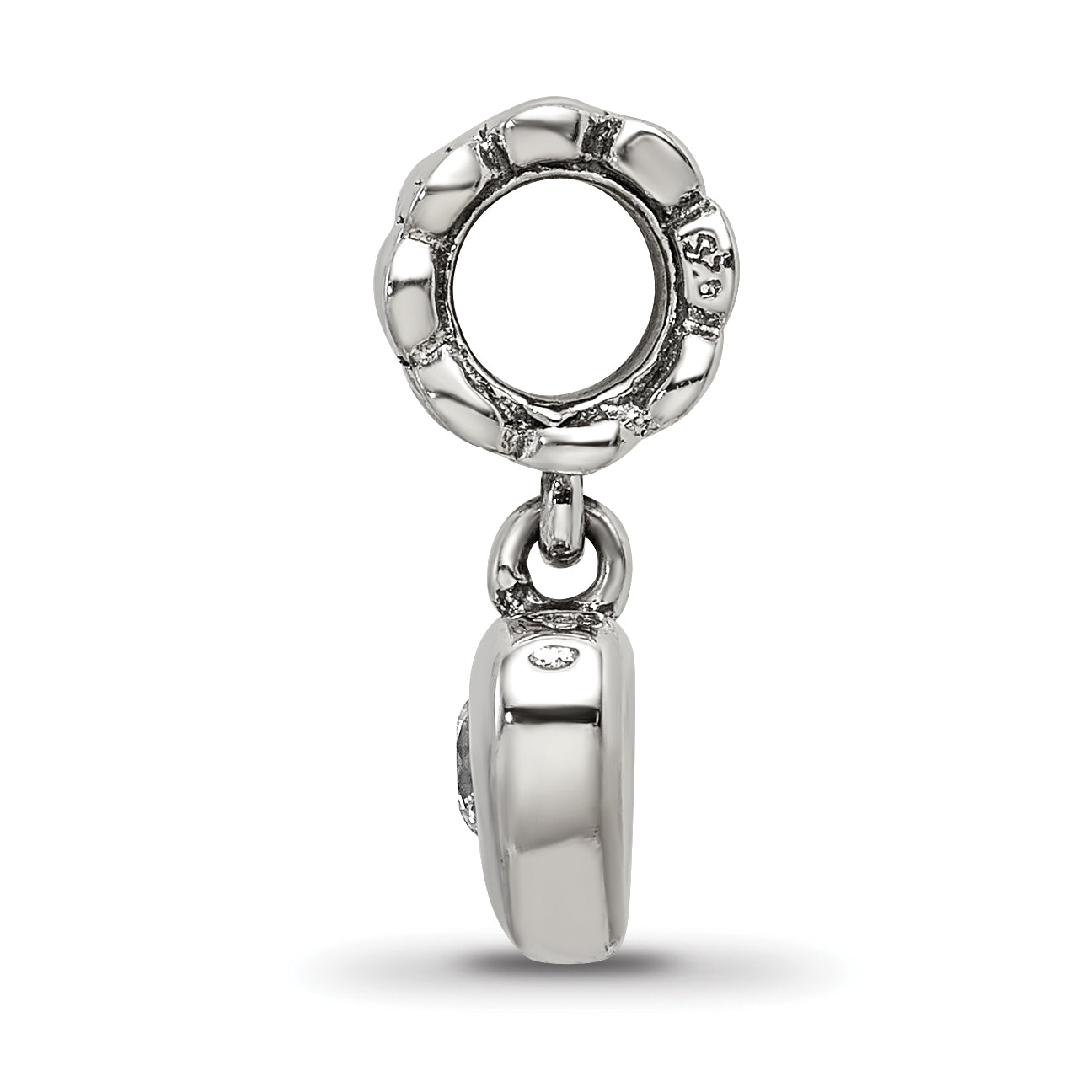 Sterling Silver 925 Dangle Bead with CZ Heart Antique Finish, Elegant Charm