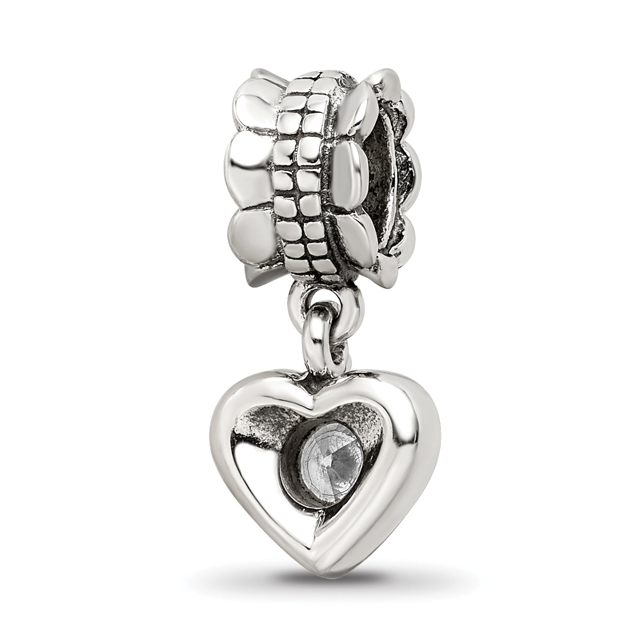 Sterling Silver 925 Dangle Bead with CZ Heart Antique Finish, Elegant Charm