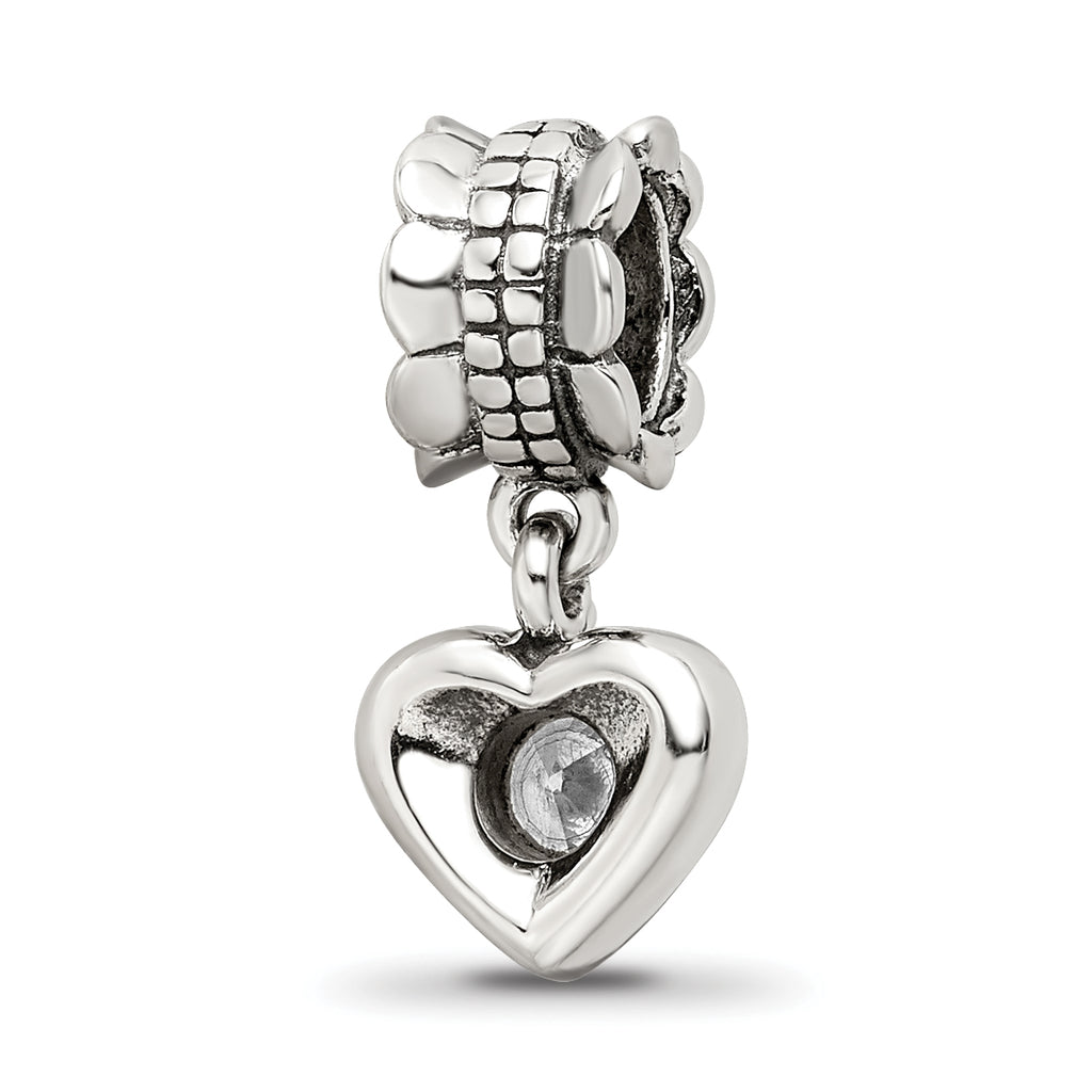 Sterling Silver 925 Dangle Bead with CZ Heart Antique Finish, Elegant Charm