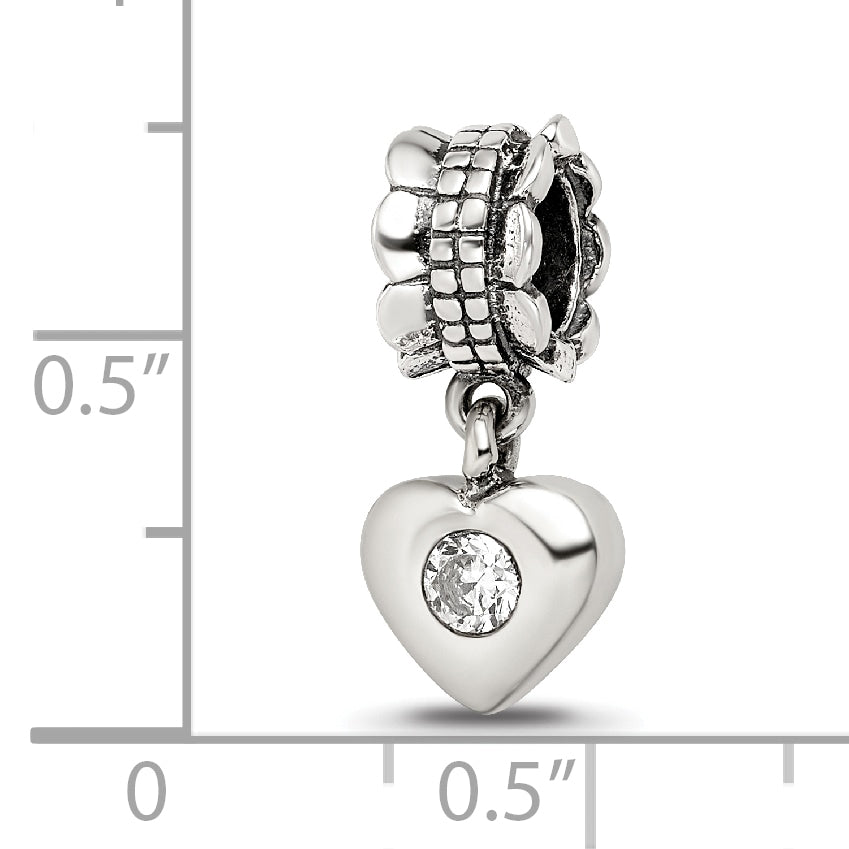 Sterling Silver 925 Dangle Bead with CZ Heart Antique Finish, Elegant Charm