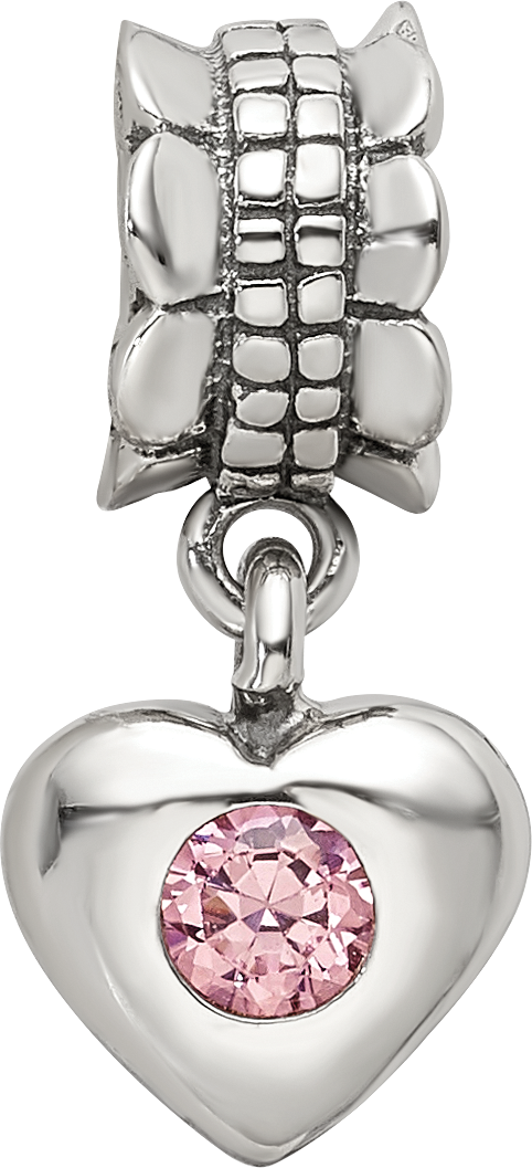 Sterling Silver Pink CZ Heart Dangle Bead with Antiqued Finish