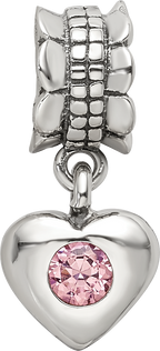 Sterling Silver Pink CZ Heart Dangle Bead with Antiqued Finish