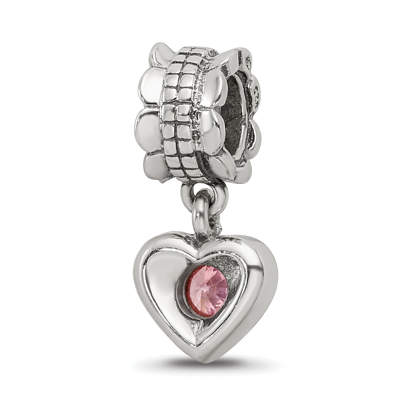 Sterling Silver Pink CZ Heart Dangle Bead with Antiqued Finish