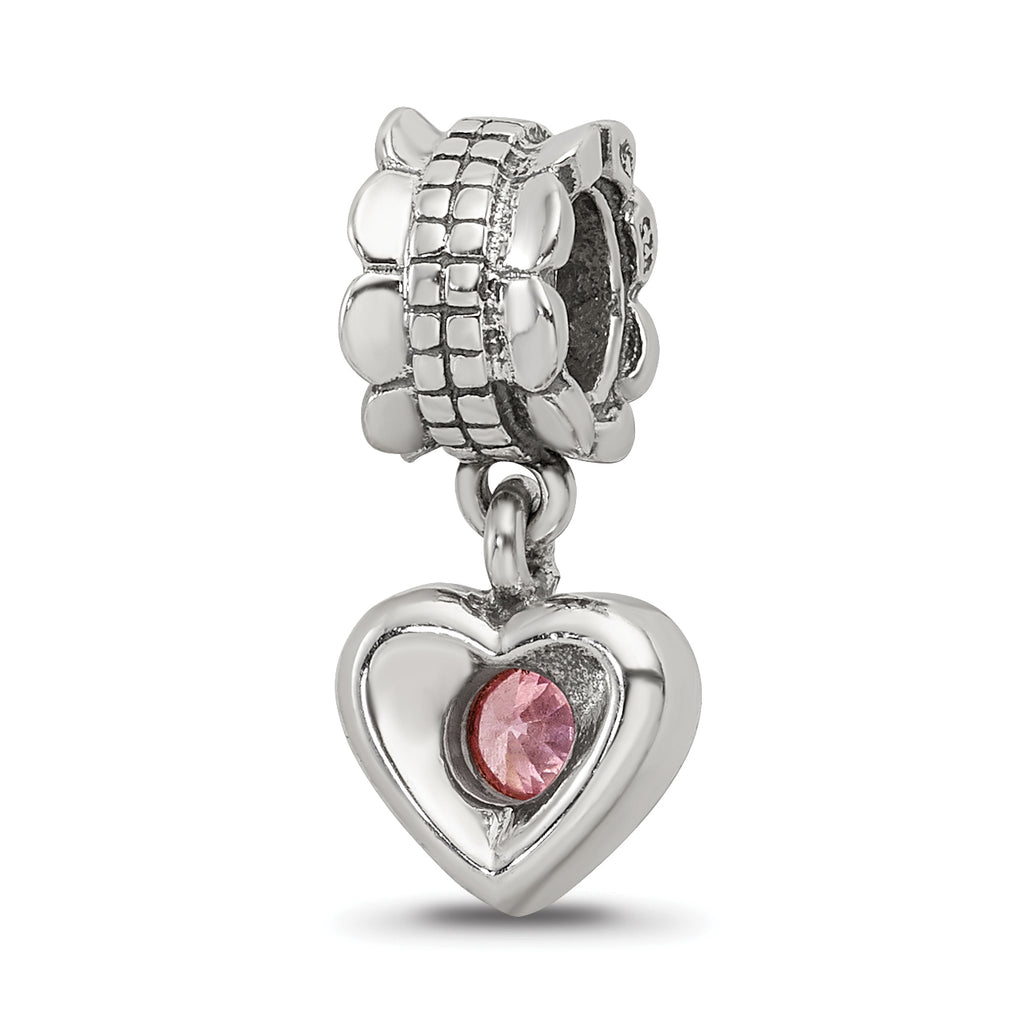 Sterling Silver Pink CZ Heart Dangle Bead with Antiqued Finish