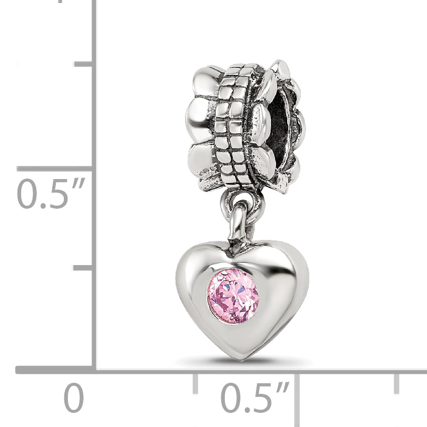 Sterling Silver Pink CZ Heart Dangle Bead with Antiqued Finish