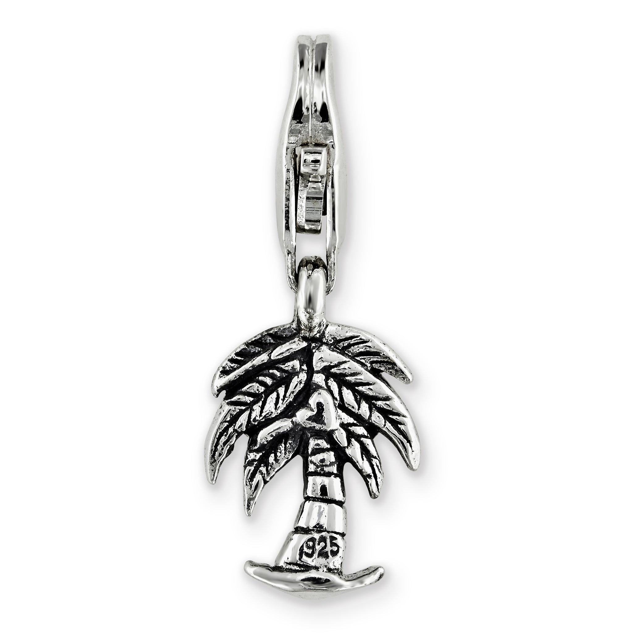 Sterling Silver 925 Palm Tree Dangle Bead with Antiqued Finish
