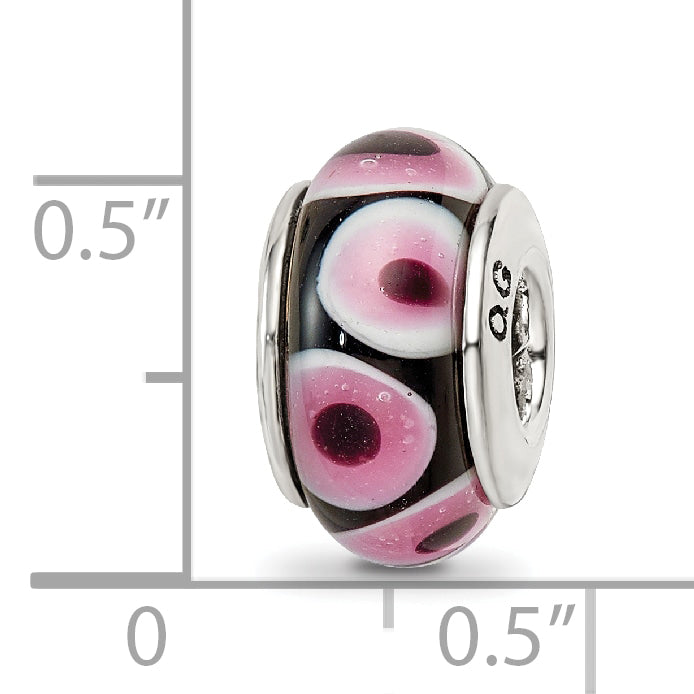 Sterling Silver 925 Antiqued Glass Bead in Black and Pink Hand-Blown Design