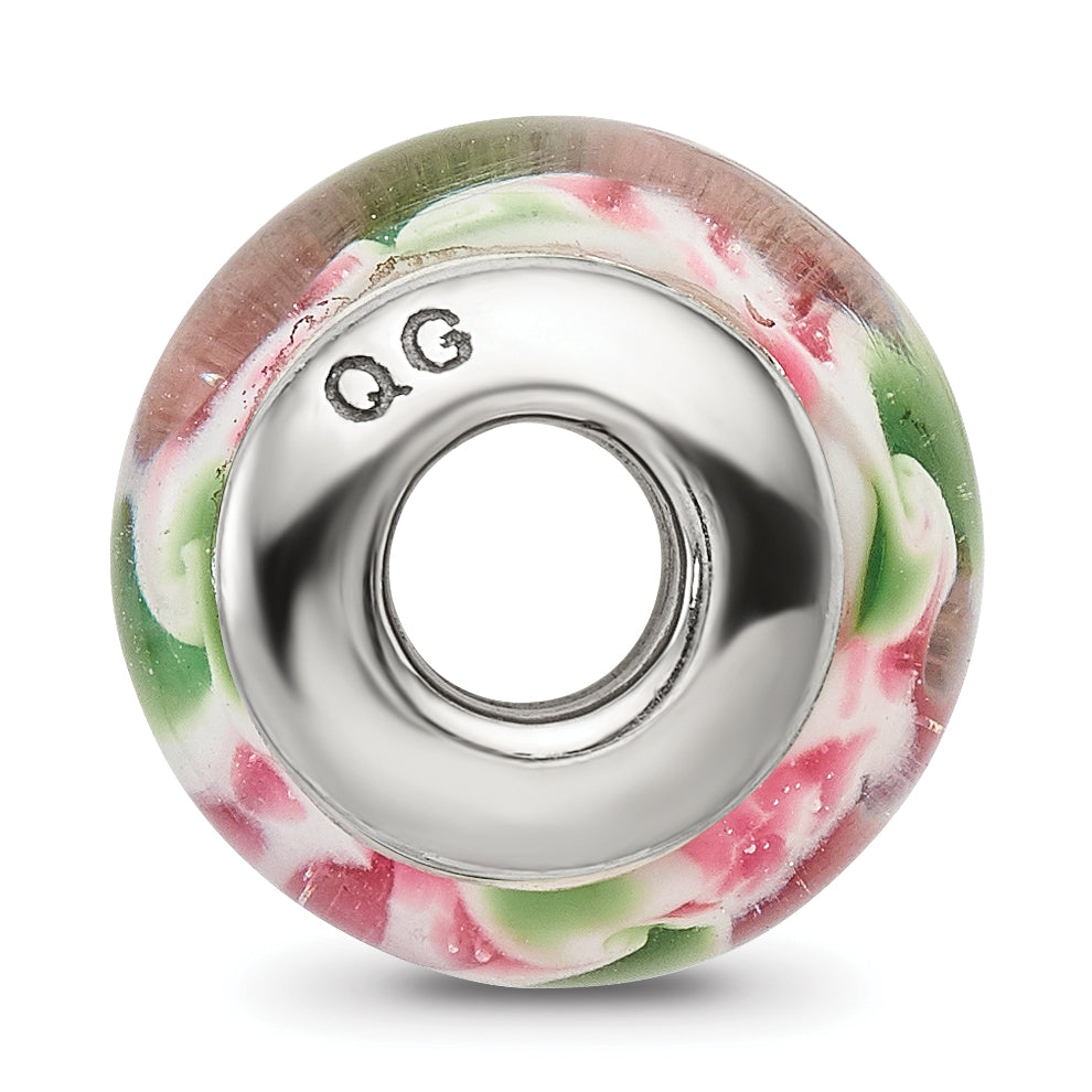 Sophia Jewelers Sterling Silver Glass Bead with Hand-Blown Pink/Green Design