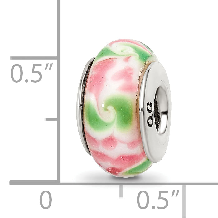 Sophia Jewelers Sterling Silver Glass Bead with Hand-Blown Pink/Green Design