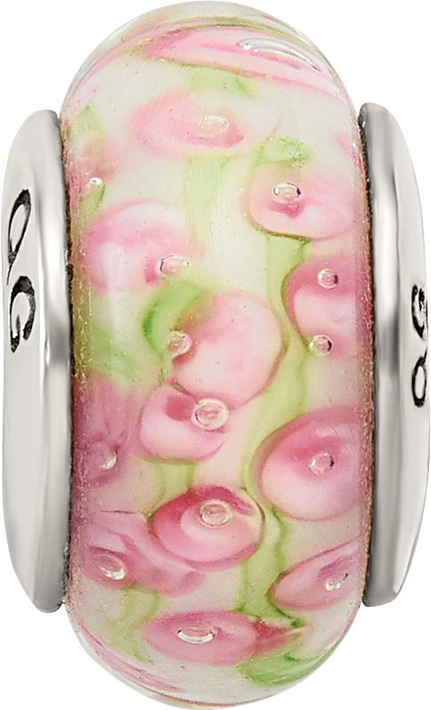 Sterling Silver Hand-Blown Glass Bead with Pink/Green Twist Antique Finish