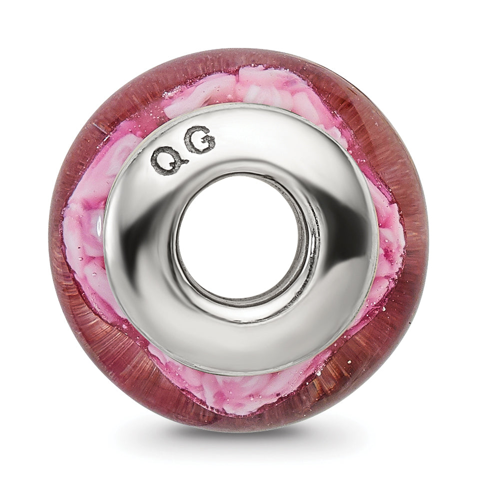 Sterling Silver 925 Hand-Blown Glass Bead with Purple Floral Design Secondary image