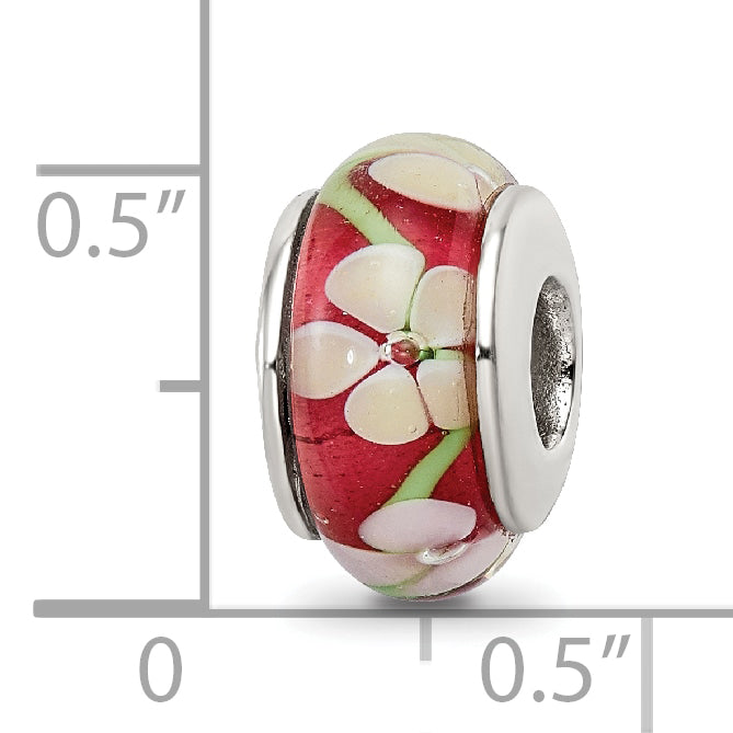 Sterling Silver 925 Red Floral Hand-Blown Glass Bead with Antiqued Finish