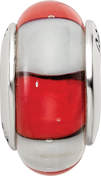 Sterling Silver Hand-blown Glass Bead with Red/White Design, Antiqued Finish