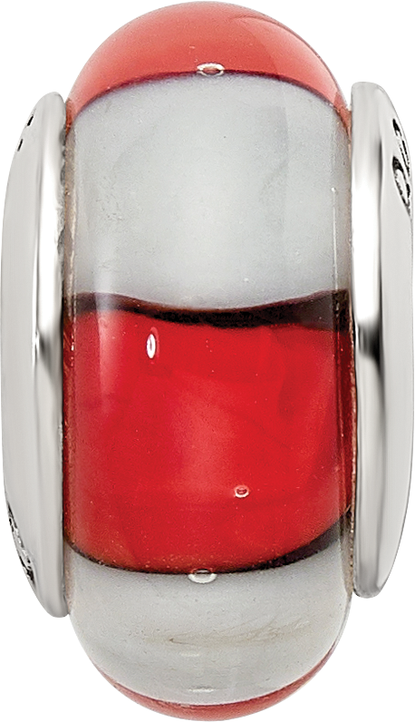 Sterling Silver Hand-blown Glass Bead with Red/White Design, Antiqued Finish