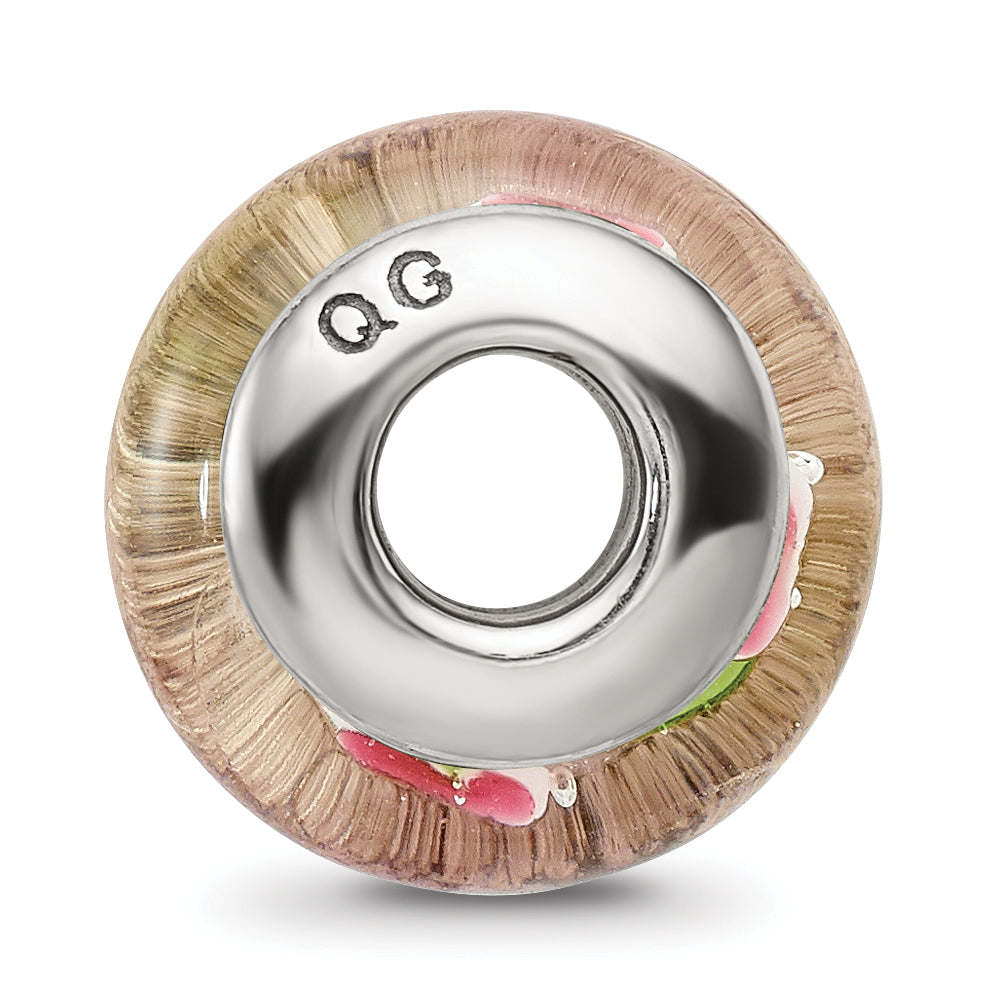 Sterling Silver Hand-Blown Pink/Green Glass Bead with Antiqued Finish