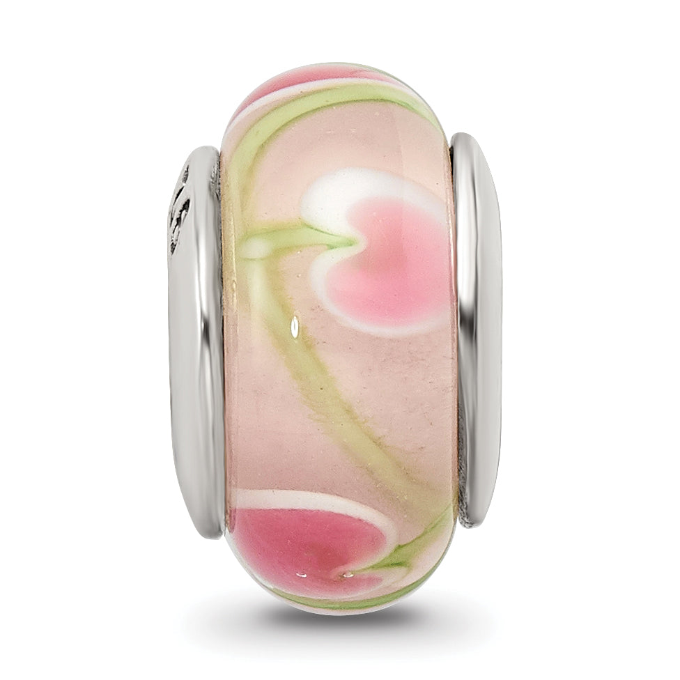 Sterling Silver Hand-Blown Pink/Green Glass Bead with Antiqued Finish