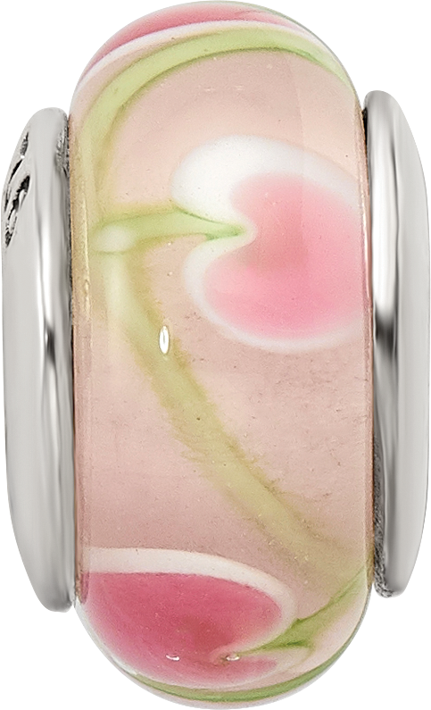 Sterling Silver Hand-Blown Pink/Green Glass Bead with Antiqued Finish