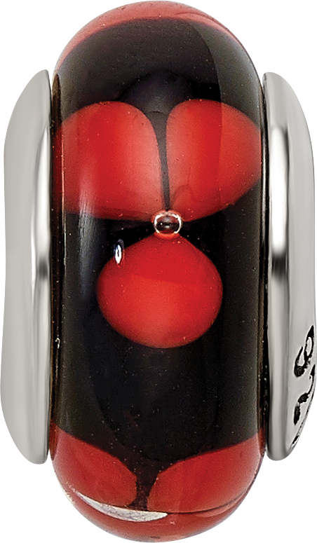 Sterling Silver Hand-Blown Glass Bead with Red/Black Design, Antique Finish