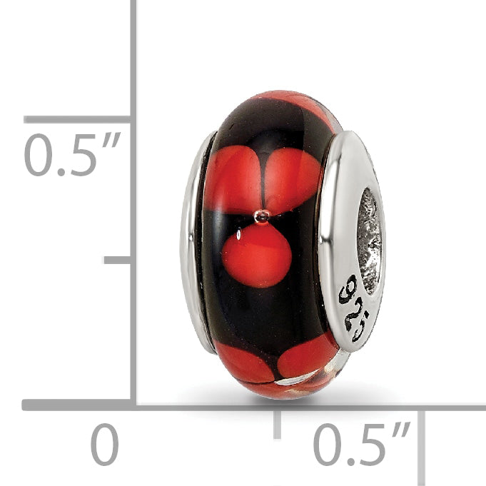 Sterling Silver Hand-Blown Glass Bead with Red/Black Design, Antique Finish