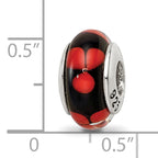 Sterling Silver Hand-Blown Glass Bead with Red/Black Design, Antique Finish