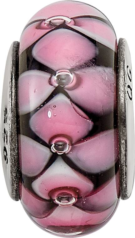 Sterling Silver 925 Hand-Blown Glass Bead with Black and Pink Details