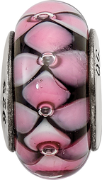 Sterling Silver 925 Hand-Blown Glass Bead with Black and Pink Details