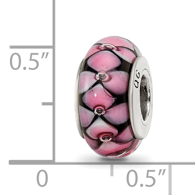 Sterling Silver 925 Hand-Blown Glass Bead with Black and Pink Details