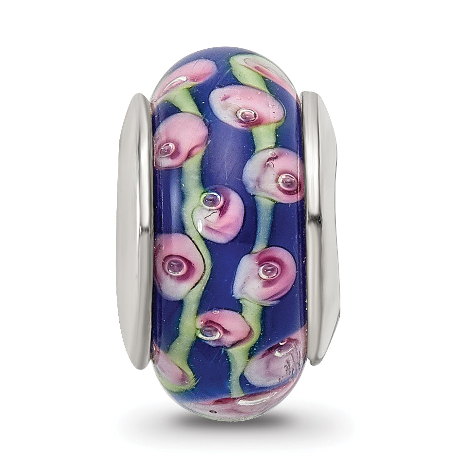 Sterling Silver Reflections Blue Floral Hand-blown Glass Bead