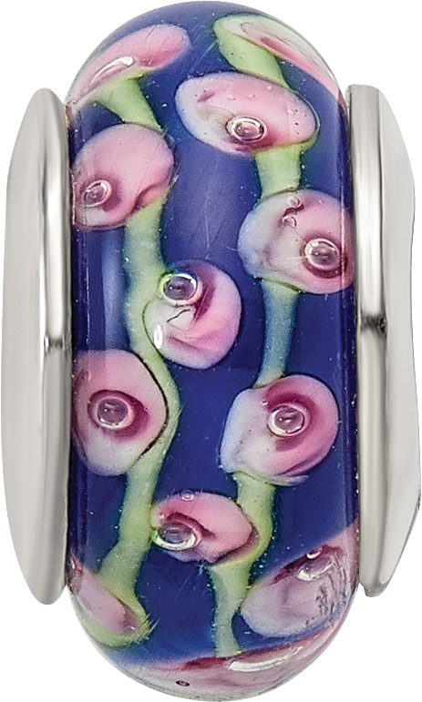 Sterling Silver Blue Floral Glass Bead with Hand-Blown Design