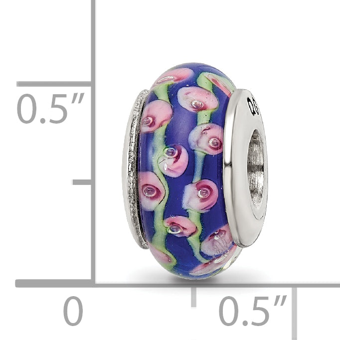 Sterling Silver Blue Floral Glass Bead with Hand-Blown Design
