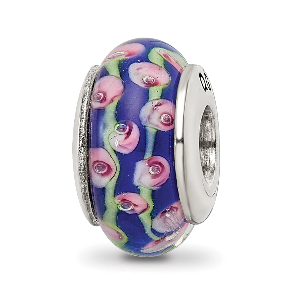 Sterling Silver Reflections Blue Floral Hand-blown Glass Bead Main image