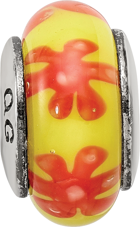 Sterling Silver Hand-Blown Glass Bead with Yellow-Orange Swirl Pattern