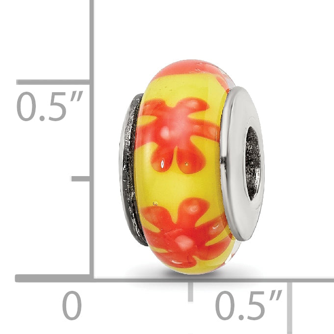 Sterling Silver Hand-Blown Glass Bead with Yellow-Orange Swirl Pattern