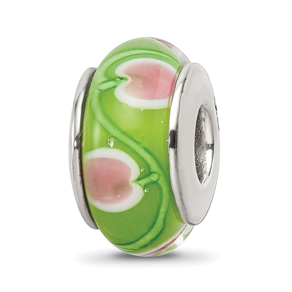 Sterling Silver Reflections Green/Pink Hand-blown Glass Bead Main image